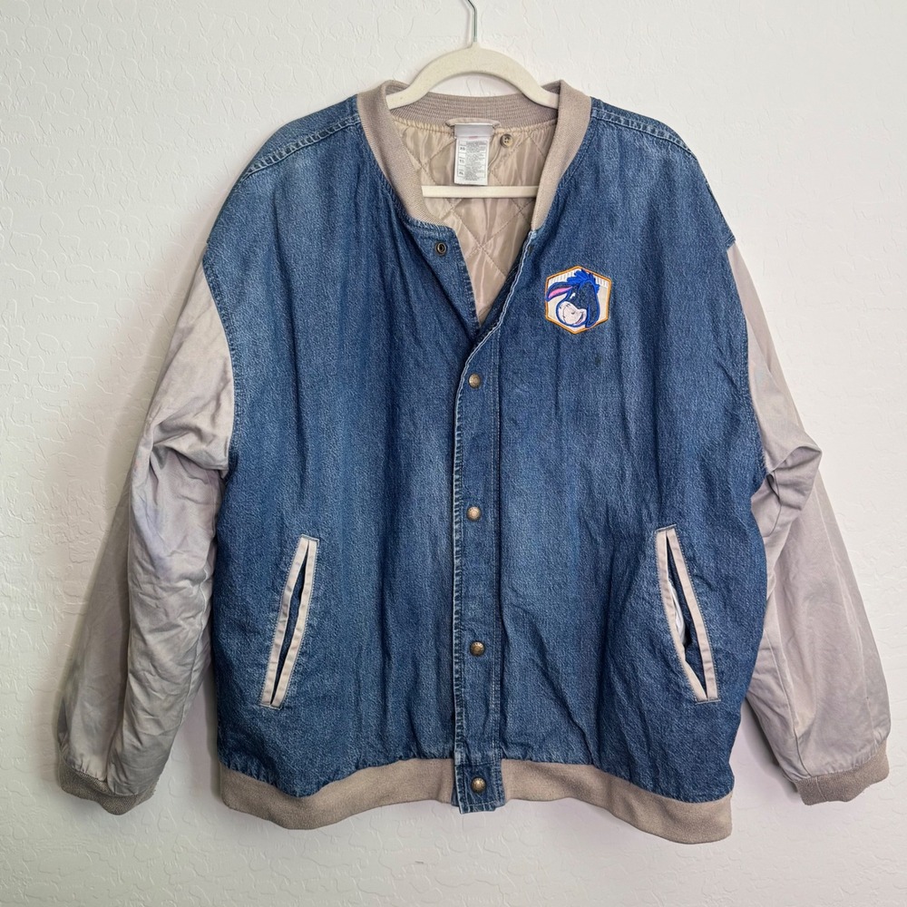 VTG Disney Cotton Denim Eeyore Varsity Jacket XL‎ Blue Fair Embroidered Bomber